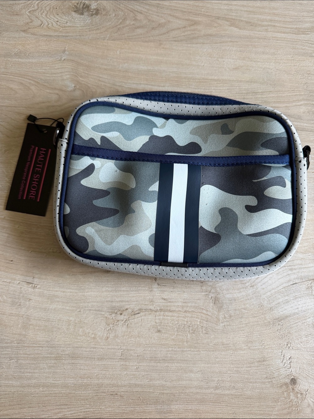 HAUTE SHORE Women’s Camo Crossbody Bag in Gray and Navy with Center Stripe - Picture 1 of 5